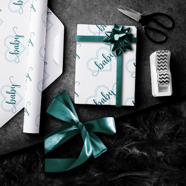Papel De Presente Bebê Coração | Teal Midnight Green Flourish Script (Criador carregado)