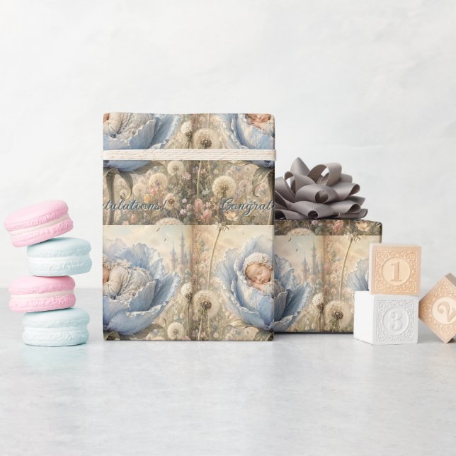 Papel De Presente Bebê dormindo em flor azul Parabéns (Chá de bebê)