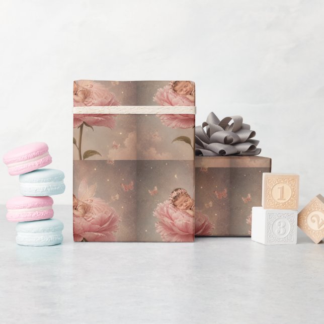 Papel De Presente Bebê dormindo flor rosa (Chá de bebê)