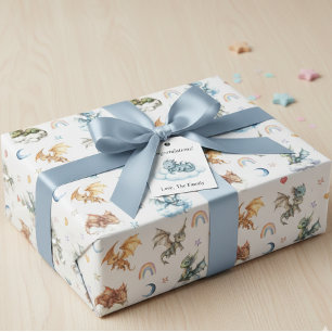 Papel De Presente Bebê-Dragão-Branco Nuvens de Aquarela Noite