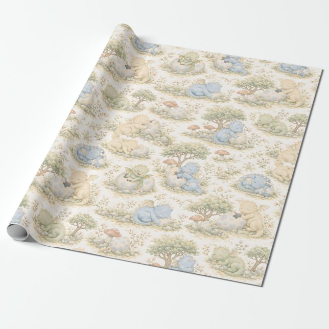 Papel De Presente Bebê Dragão Fofo Padrão Pastel Floresta (3) (Desenrolado)