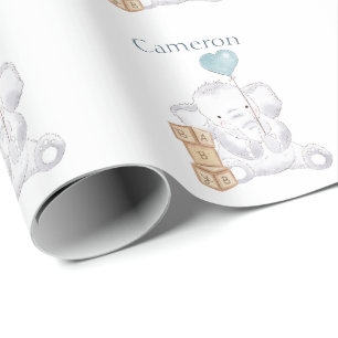 Papel De Presente Bebê Elefante Menino Fofo Aquarela Nome Personaliz