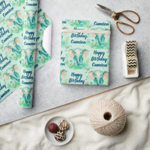 Papel De Presente Bebê Elefante Neutro Personalizado Aniversário