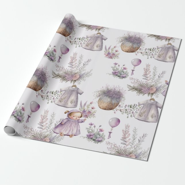 Papel De Presente Bebê em papel de enrolamento de Lavanda d'água (Desenrolado)