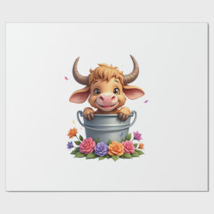 Papel De Presente Bebê Fofo Vaca das Terras Altas Com Flores Bezerro