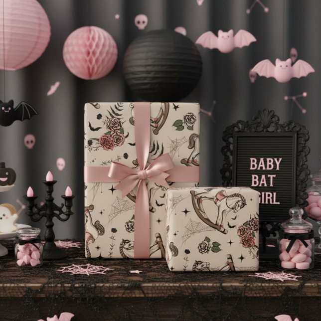 Papel De Presente Bebê Gótico de Cavalo Rosa Victoriano (Gothic Halloween Baby Shower for Baby Girl Wrapping Paper. Spooky Vintage Pink Rocking Horse Pattern)