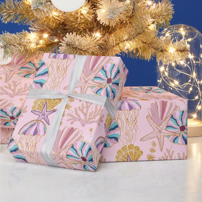 Papel De Presente Bebê Menina Rosa Debaixo do Mar Brilhante (Feriados)