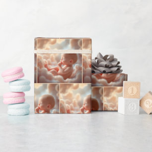 Papel De Presente Bebê Não Nascido Em Nuvens Rosa
