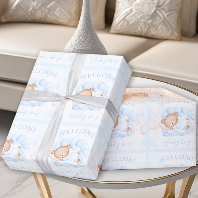 Papel De Presente Bebê novo nome Blue Bear (Newborn Baby Boy Name Blue Bear Wrapping Paper)