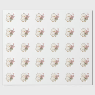 Papel De Presente Bebê Pato Fofo Segurando Buquê de Tulipas Estética