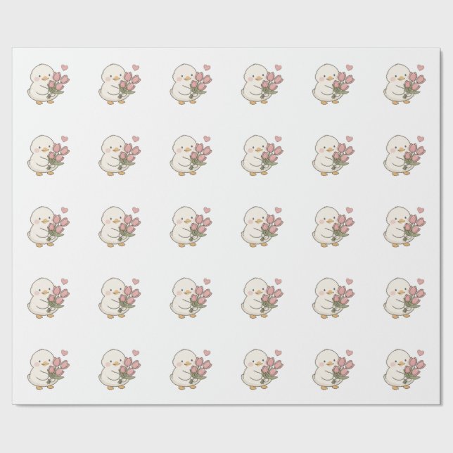 Papel De Presente Bebê Pato Fofo Segurando Buquê de Tulipas Estética (Aberto)