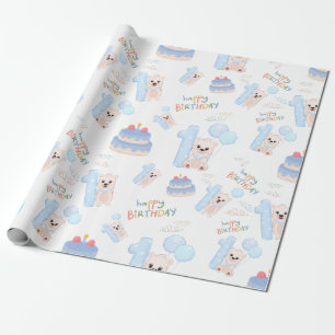 Papel De Presente Bebê primeiro aniversario Feliz Urso Azul