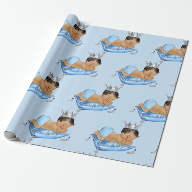 Papel De Presente Bebê Príncipe Real Azul Bebê e Travesseiro Menino  (Desenrolado)