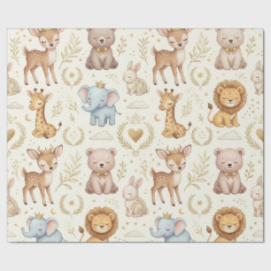 Papel De Presente Bebê Real Safari Animais da Floresta Marfim Dourad