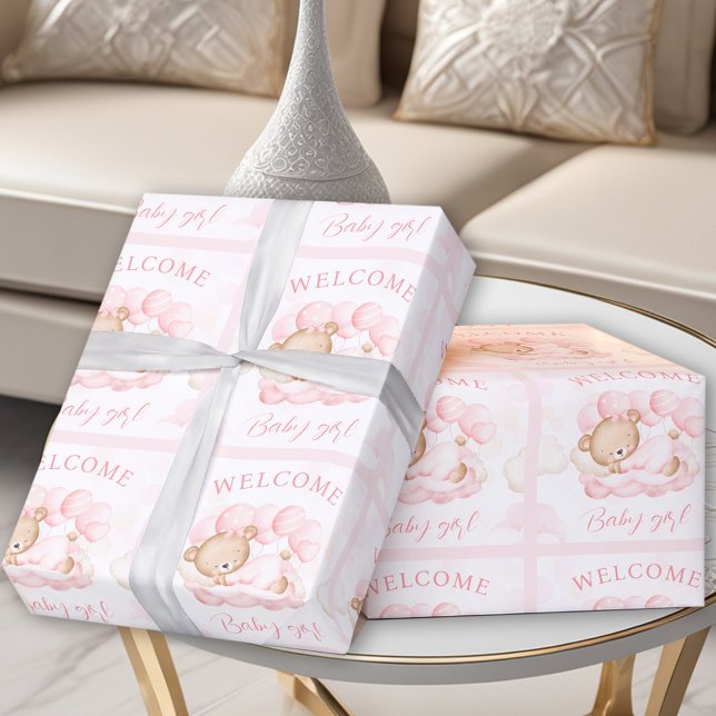 Papel De Presente Bebê recém-nascida chama Bear Rosa (Newborn Baby Girl Name Pink Bear Wrapping Paper)