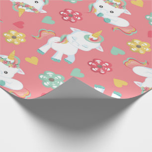 Papel De Presente Bebê rosa Unicórnio Flores Corações Aniversário Pa