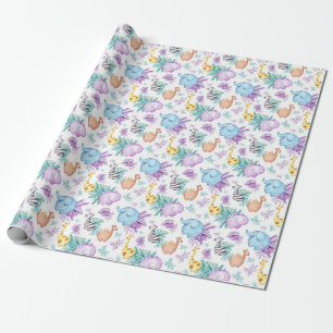 Papel De Presente Bebê Safari Animais Girafa Elefante Zebra Hippo