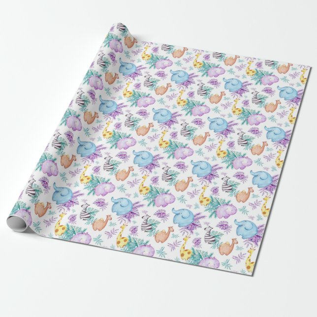 Papel De Presente Bebê Safari Animais Girafa Elefante Zebra Hippo (Desenrolado)