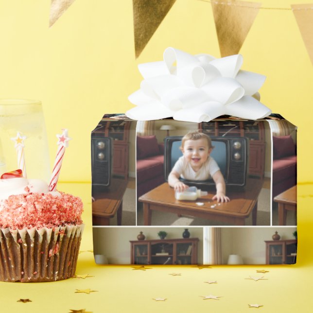 Papel De Presente Bebê Saindo de uma Televisão Antiga (Festa de aniversário)