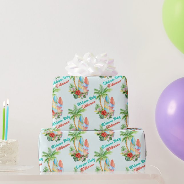 Papel De Presente Bebê tropical surfando nas boas-vindas ao chá de f (Presentes para festas)