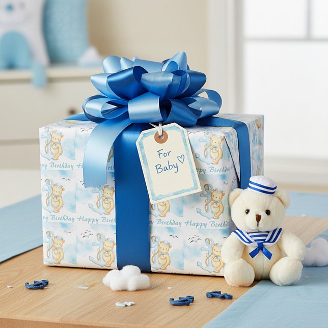 Papel De Presente Bebê urso marinheiro aniversário fofo (Criador carregado)