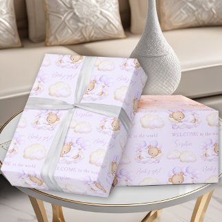 Papel De Presente Bebê Urso Roxo Lavanda Recém-Nascido
