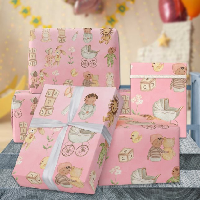 Papel De Presente Bebês e Animais Rosa Internacional (Babies & Animals International Pink Gift Wrapping Paper Rolls)