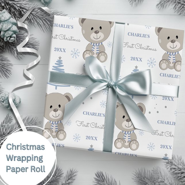 Papel De Presente Bebês Primeiro Natal Bear Azul (Criador carregado)