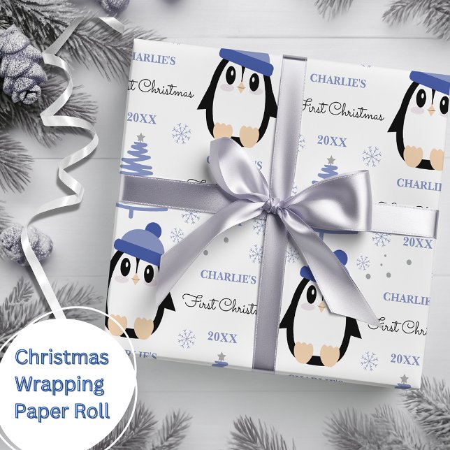 Papel De Presente Bebês Primeiro Natal Pinguim Azul (Criador carregado)
