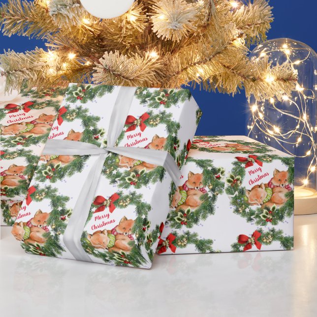 Papel De Presente Bebês Raposos Fofos em Cachecóis de Natal Feriado (Feriados)