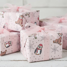 Papel De Presente Bebês Rosa Primeiro Natal Animais de inverno