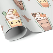 Bebidas de Outono Brilhantes Padrão Kawaii Pastel