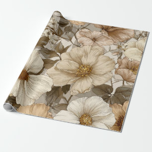 Papel De Presente Bege Creme Marrom Flor Pastel Boho Anos 70 Vintage