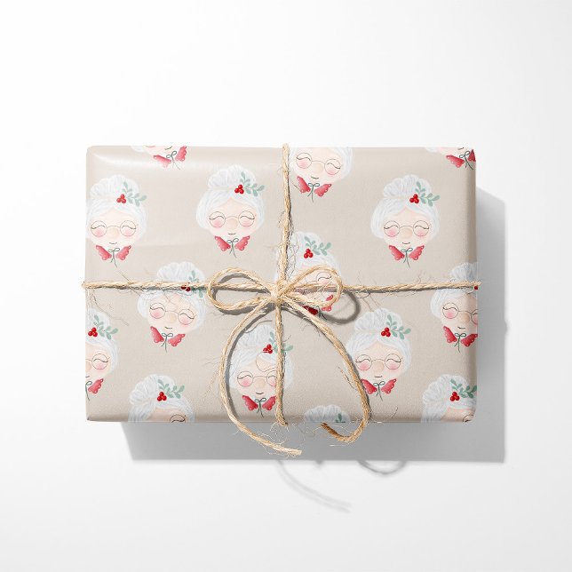 Papel De Presente Beige Mrs. Claus Faces Christmas Wrapping Paper (Criador carregado)