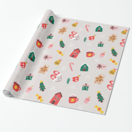 Papel De Presente Beige Red e Green Cute Ilustrado Natal