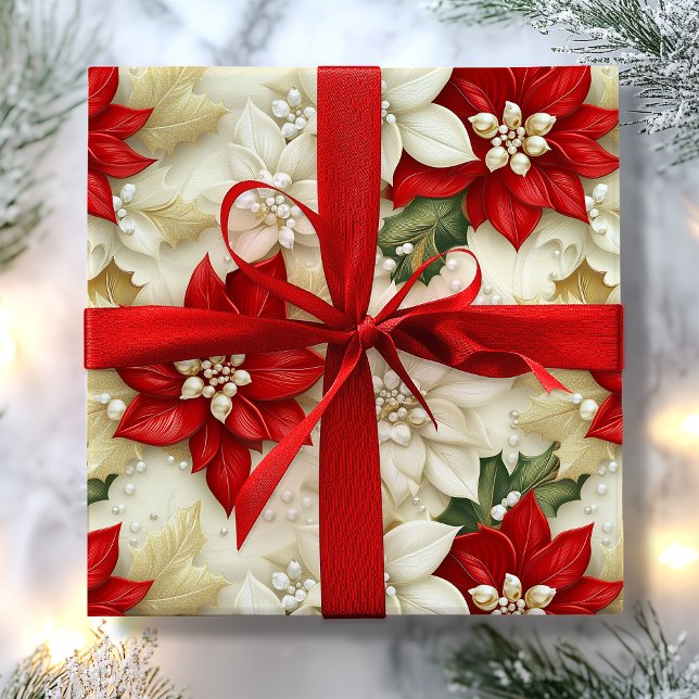 Papel De Presente Beige & Red Poinsettia Flor Pearls Natal (Beige & Red Poinsettia Flower Pearls Christmas Wrapping Paper)