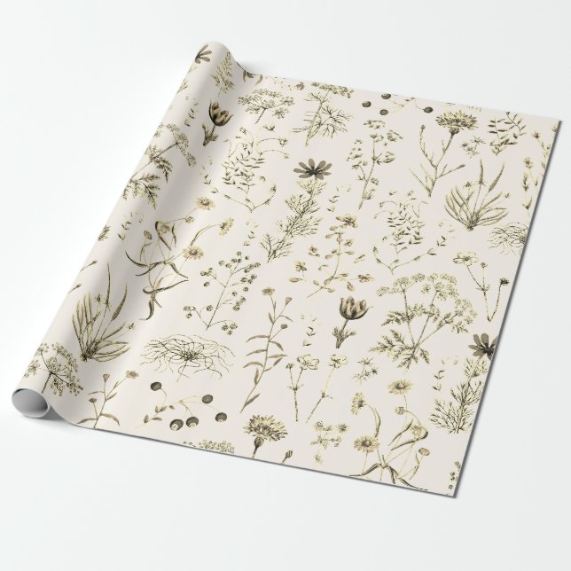 Papel De Presente Beige Selvagens Botânicas Elegante (Desenrolado)
