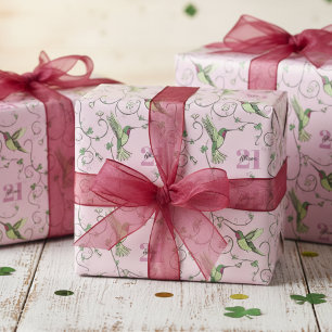 Papel De Presente Beija-flores Verde e Rosa de Aniversário de 21 Ano