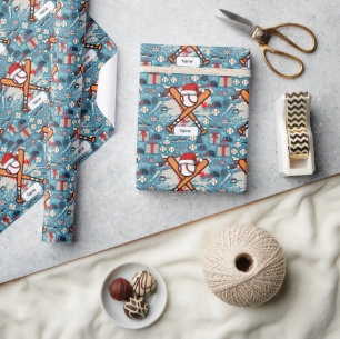 Papel De Presente Beisebol para o Natal com Santa Hat