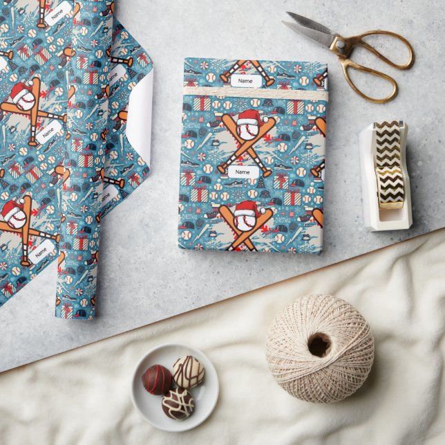 Papel De Presente Beisebol para o Natal com Santa Hat (Artesanato)
