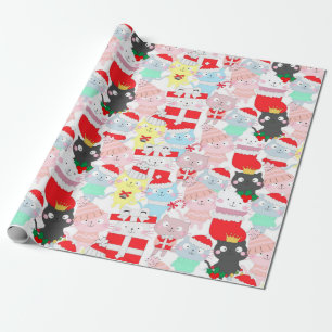 Papel De Presente Bela Caricatura Gata Padrão de Natal
