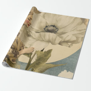 Papel De Presente Bela Lua - Mulher com Flor Branca e Lua