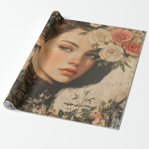 Papel De Presente Bela Lua - Mulher com Flor e Lua Cheia