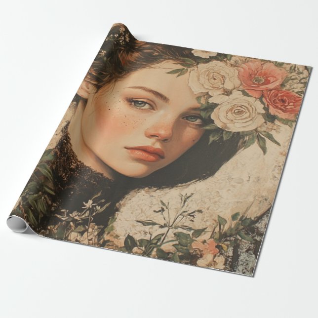 Papel De Presente Bela Lua - Mulher com Flor e Lua Cheia (Desenrolado)