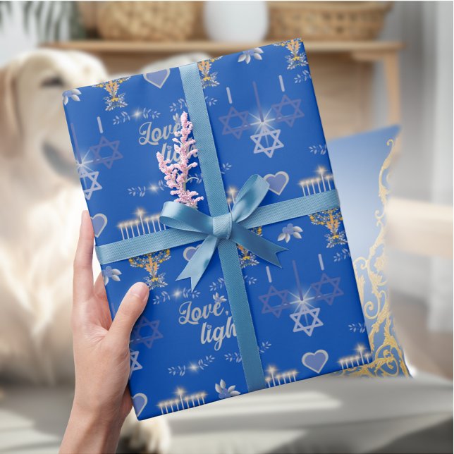 Papel De Presente Bela Menorá Azul Elegante de Hanukkah (Criador carregado)