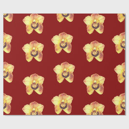 Papel De Presente bela orquídea amarela sobre fundo vermelho rubi
