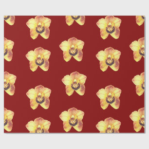 Papel De Presente bela orquídea amarela sobre fundo vermelho rubi