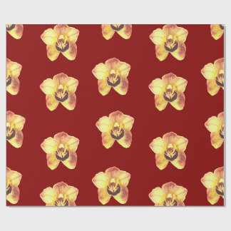 Papel De Presente bela orquídea amarela sobre fundo vermelho rubi