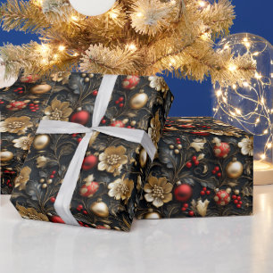 Papel De Presente Belas Flores Douradas Enfeites Vermelhos e Dourado