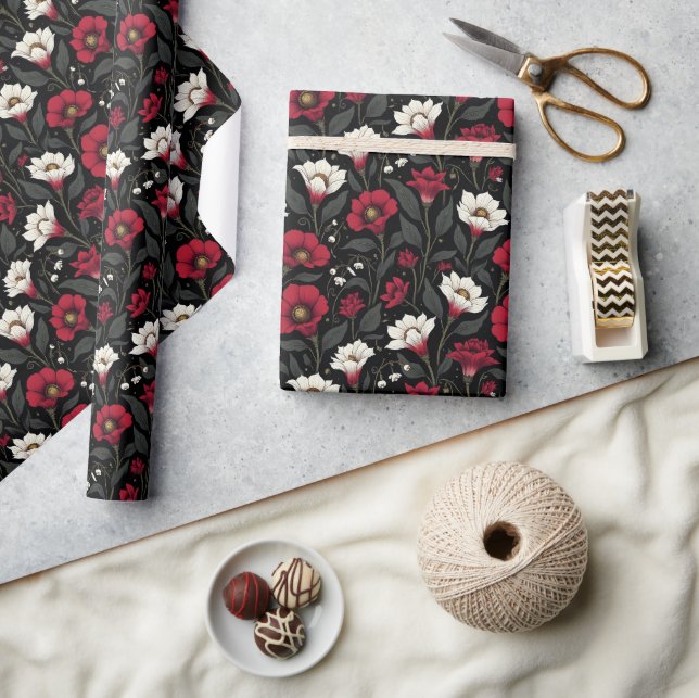 Papel De Presente Belas Flores em Vermelho e Branco (Artesanato)
